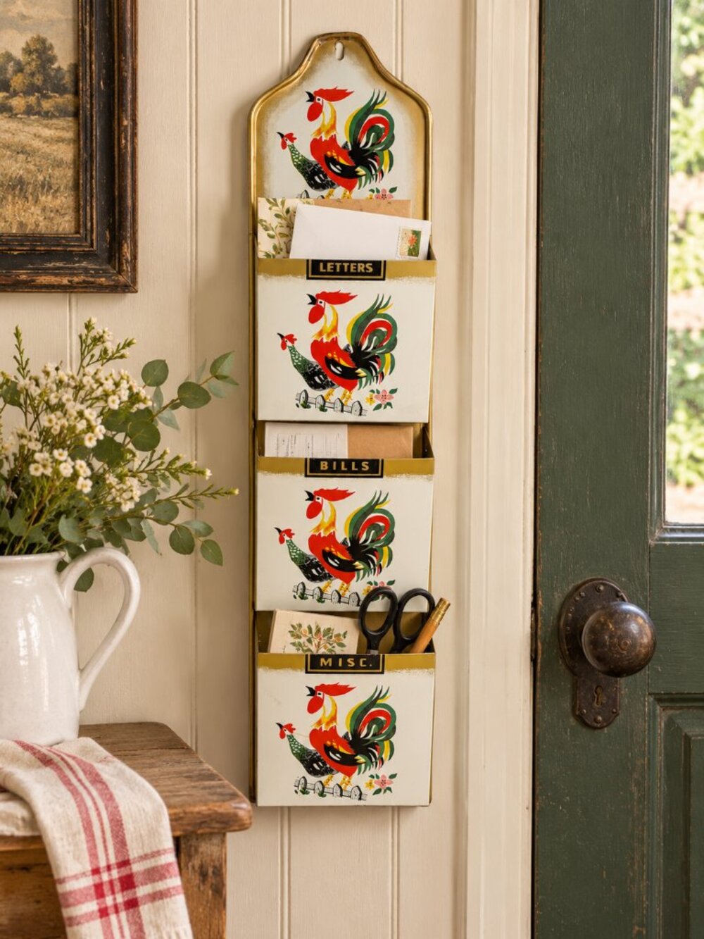 Vintage Rooster Metal Wall Mail Organizer – 3 Pocket Farmhouse Country Décor